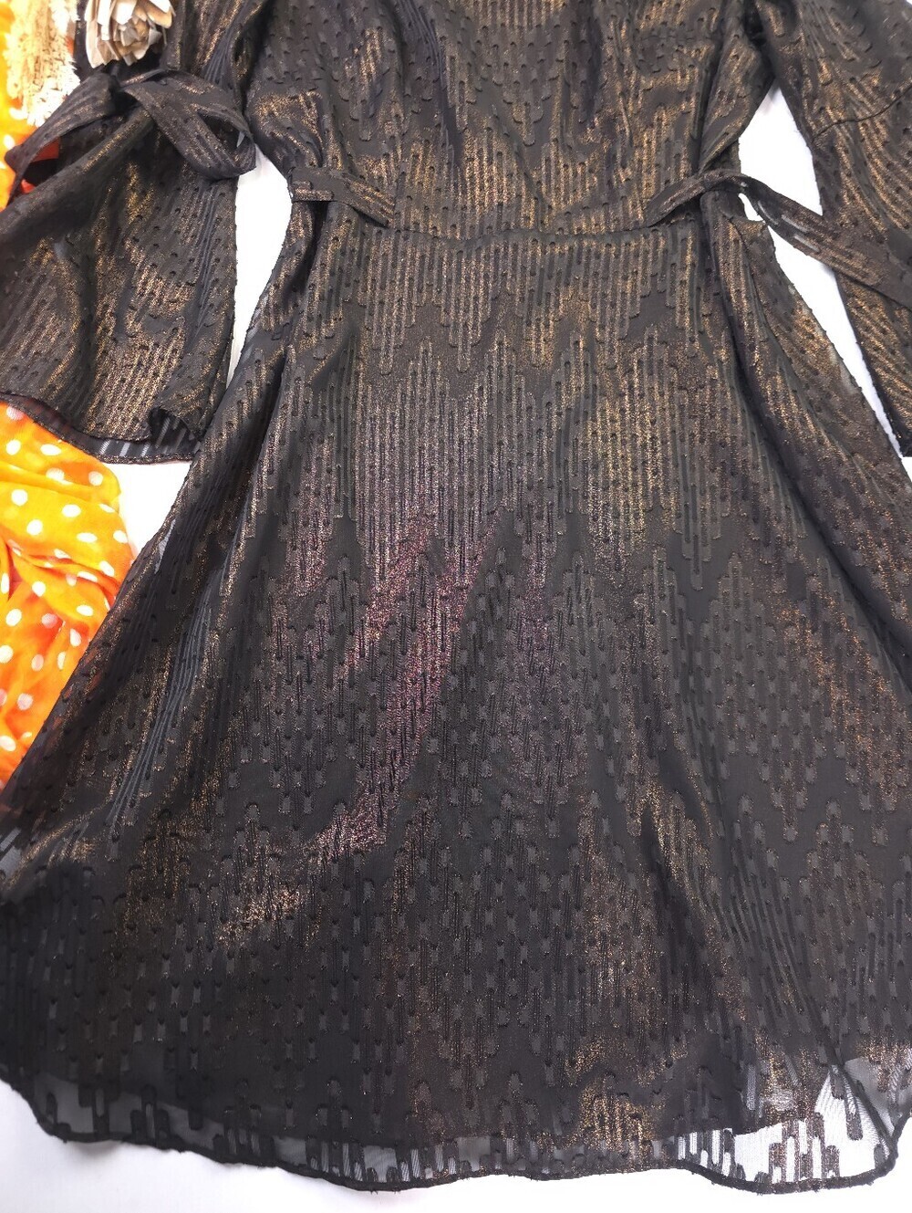 Like New Nine West Black Metallic Fit-and-Flare Dress with Tie Sleeves Sz 6 - Picture 6 of 13